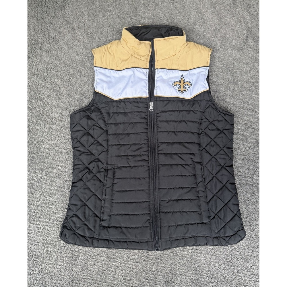 NFL Team Apparel New Orleans Saints Women M Puffer Vest Black Gold Full Zip